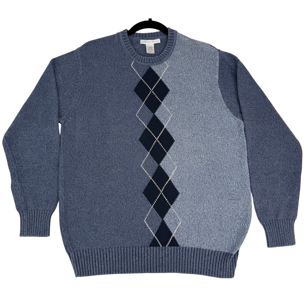 Geoffrey Beene Blue Argyle Ivy League Preppy Diamond-Cross Cotton Sweater L - Picture 2 of 6